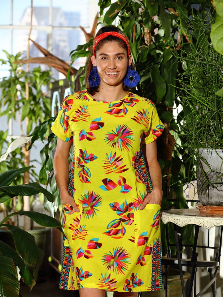 Artisan Yellow Fiesta Leaf KikiSol Dress w/ Pockets for wholesale by KikiSol