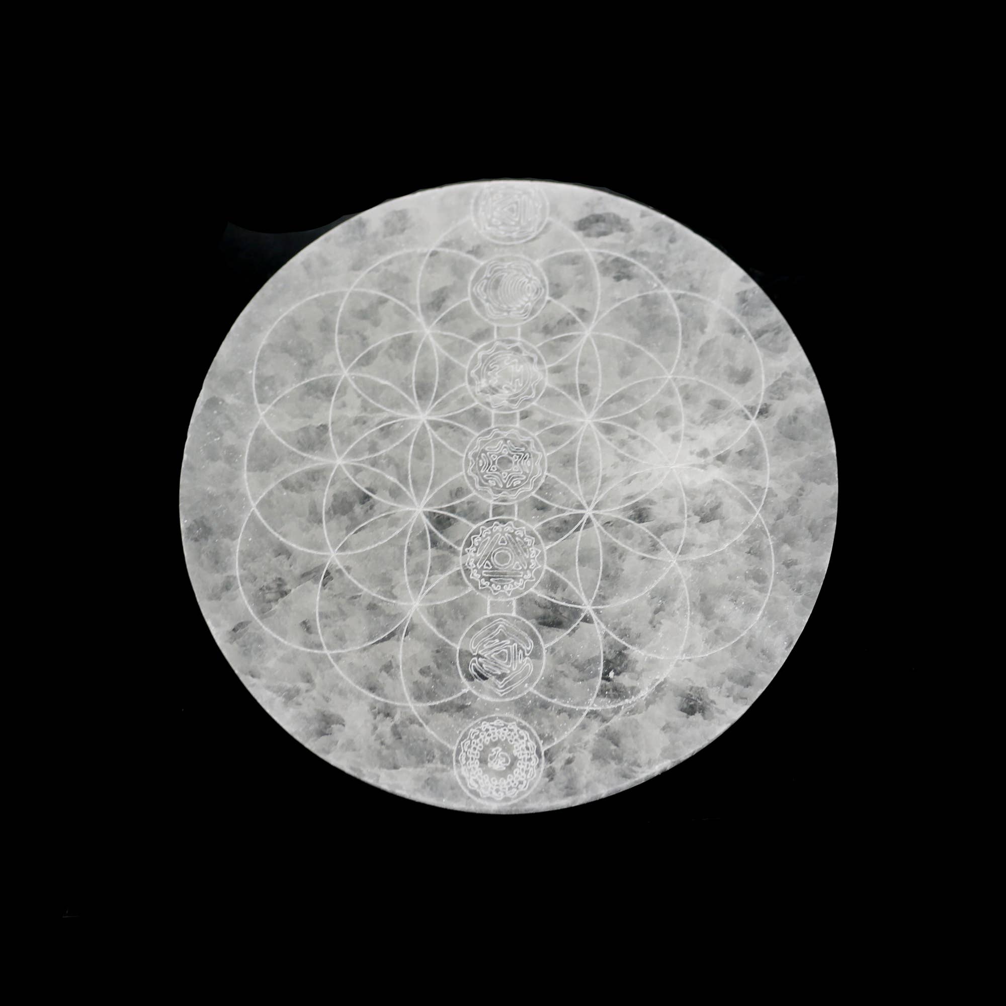 Designs by Deekay Inc. - Wholesale Crystal Charging Plate - Round Selenite Charging Plate (4 in.) - 7 Chakras