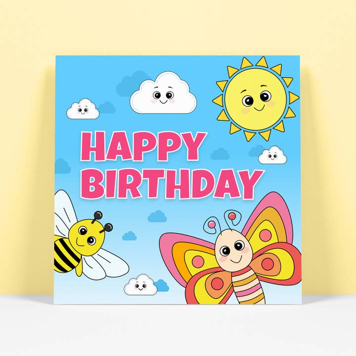 Tillykke med fødselsdagen - Sommerfugl og bi kort for engroshandel hos RoleyOleyMoley