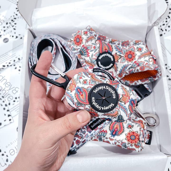 Pink Floral Print 'Paisley Pippin' Dog Poop Bag Dispenser for wholesale by Sidney and Sapphire