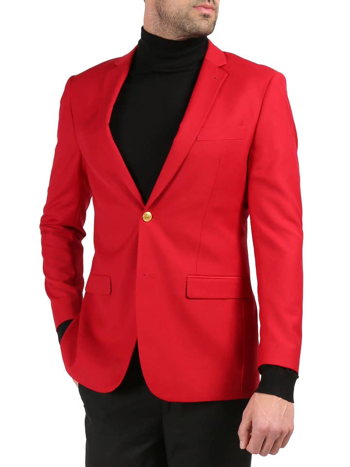 Men's Warwick Gold Button Slim Fit Red Blazer for wholesale by Ferrecci