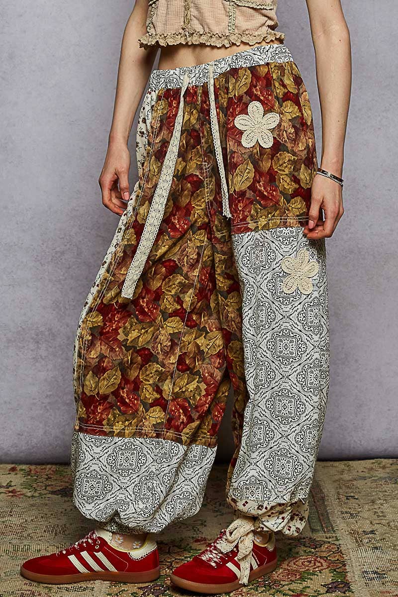 Pol Clothing - Wholesale Pants - Women's - Crochet patch detail contrast patchwork printed woven pants9
