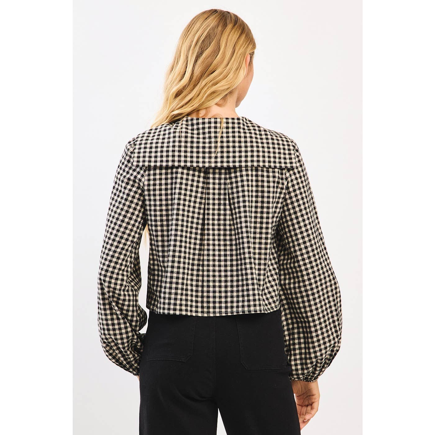 mittoshop - Wholesale Knit Top - Women's - CHECKERED TIE FRONT BIB COLLAR LONG SLEEVE TOP7