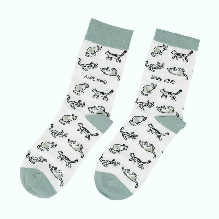 White & Green Cats Socks | Bamboo Socks | White Socks for wholesale by Bare Kind Socks