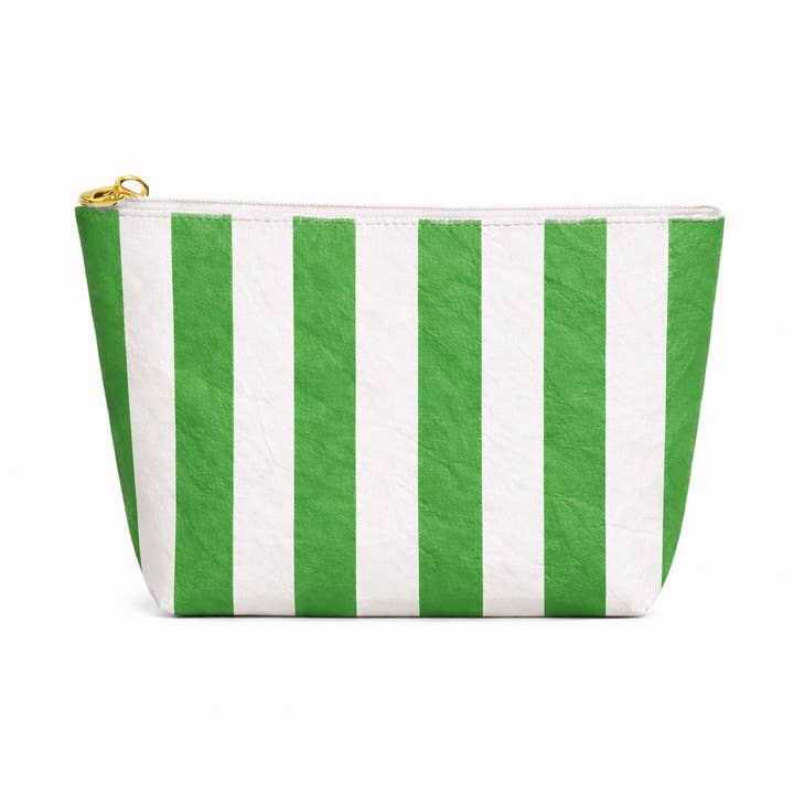Preppy stripe pouch + cosmetic bag white & green tyvek for wholesale by Aspen Lane