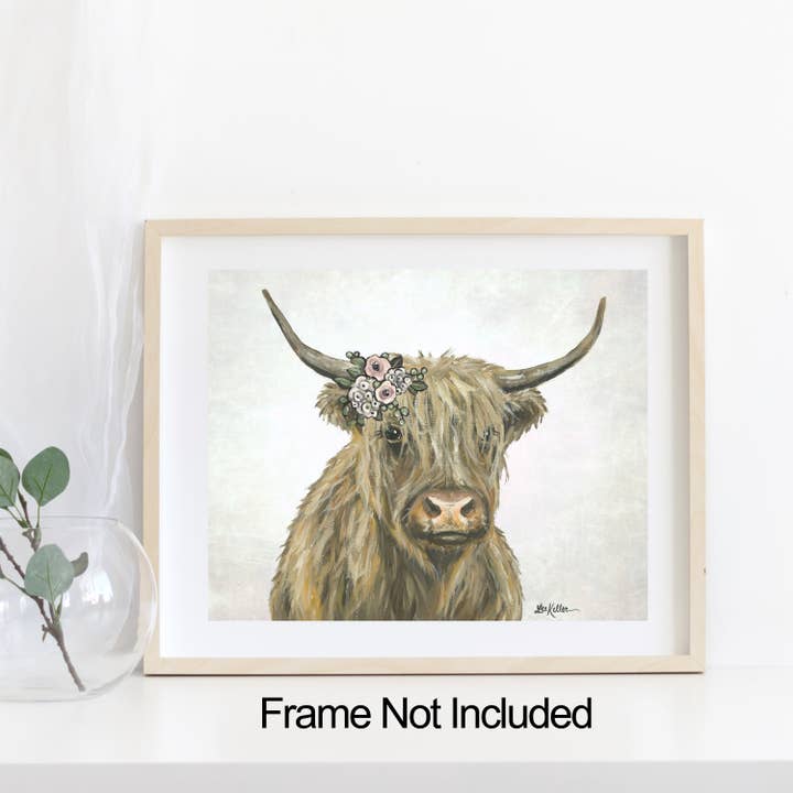 Highland Cow Art Print "Fern" Pastel Boho Flowers for wholesale by Hippie Hound Studios