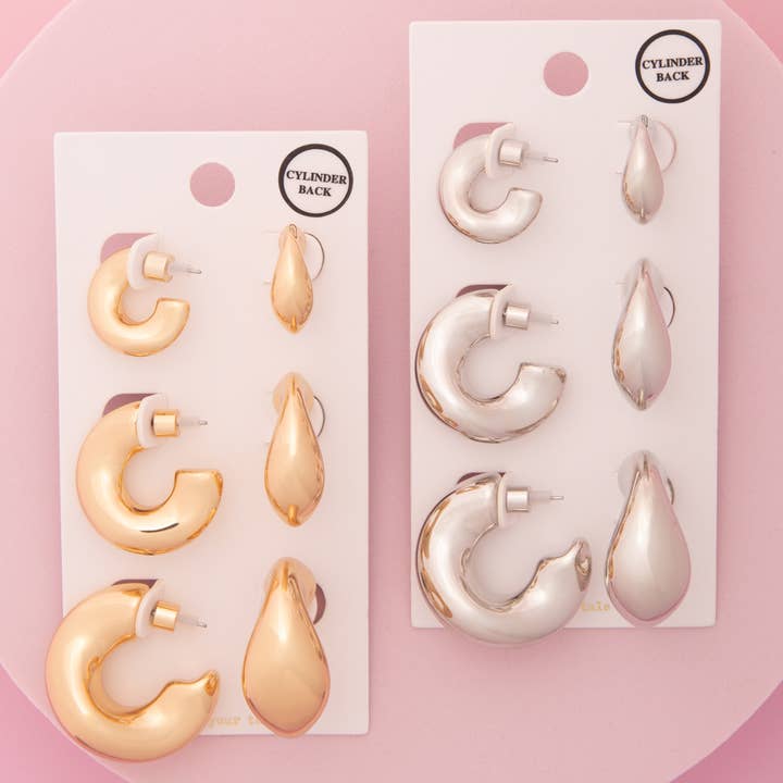 3 Pair Elbow Macaroni Hoop Earring Set with Cylinder Backing for wholesale by SP Sophia Collection