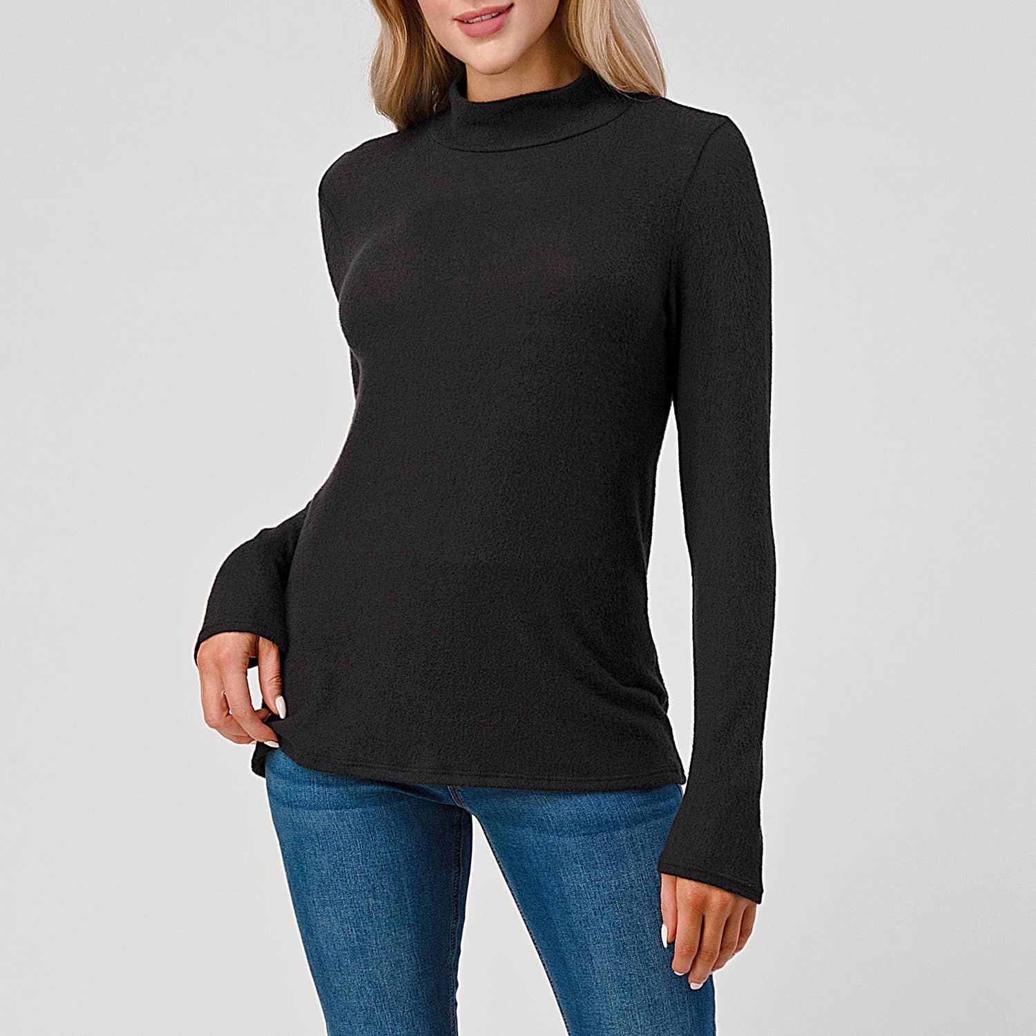 Heimious - Wholesale Knit Top - Women's - Mock Neck L-Sleeve Relaxed Fit Brushed Knit Top, T5485