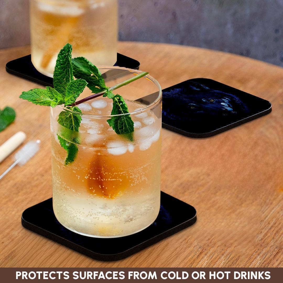 3dRose - Wholesale Coasters - 3dRose, Mystical, magical wolf portrait. Yellow eyes. Dark blue, black gift, Coaster9