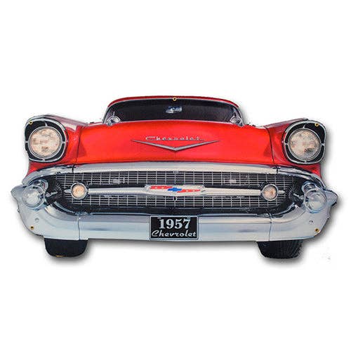 Sunbeltgifts - Vendita all'ingrosso Cartelli - Targa rossa per paraurti anteriore Chevrolet (Chevy) del 1957 e icona americana, degli anni '50, prodotta negli Stati Uniti, 2 misure, acciaio calibro 20 con verniciatura a polvere per una maggiore durata e finitura lucida
