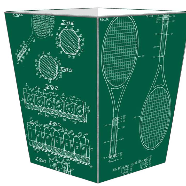 WB8694-Vintage Tennis Raquet Patents Wastepaper Basket Green for wholesale by Marye-Kelley