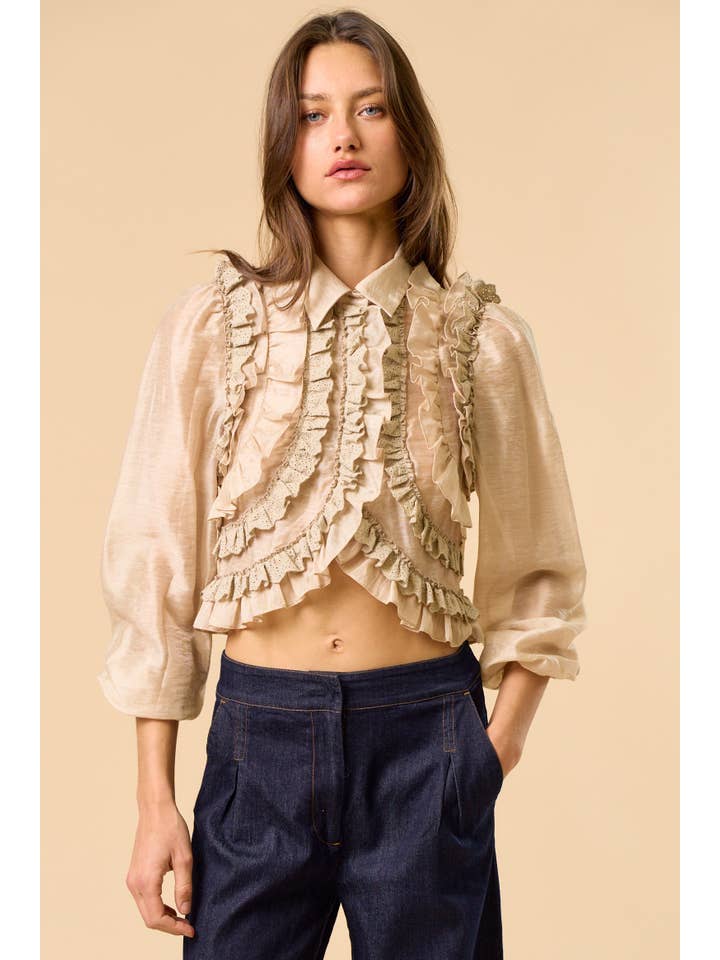 TAN ILT6275 Ruffled Button-Down Cropped Blouse for wholesale on Faire