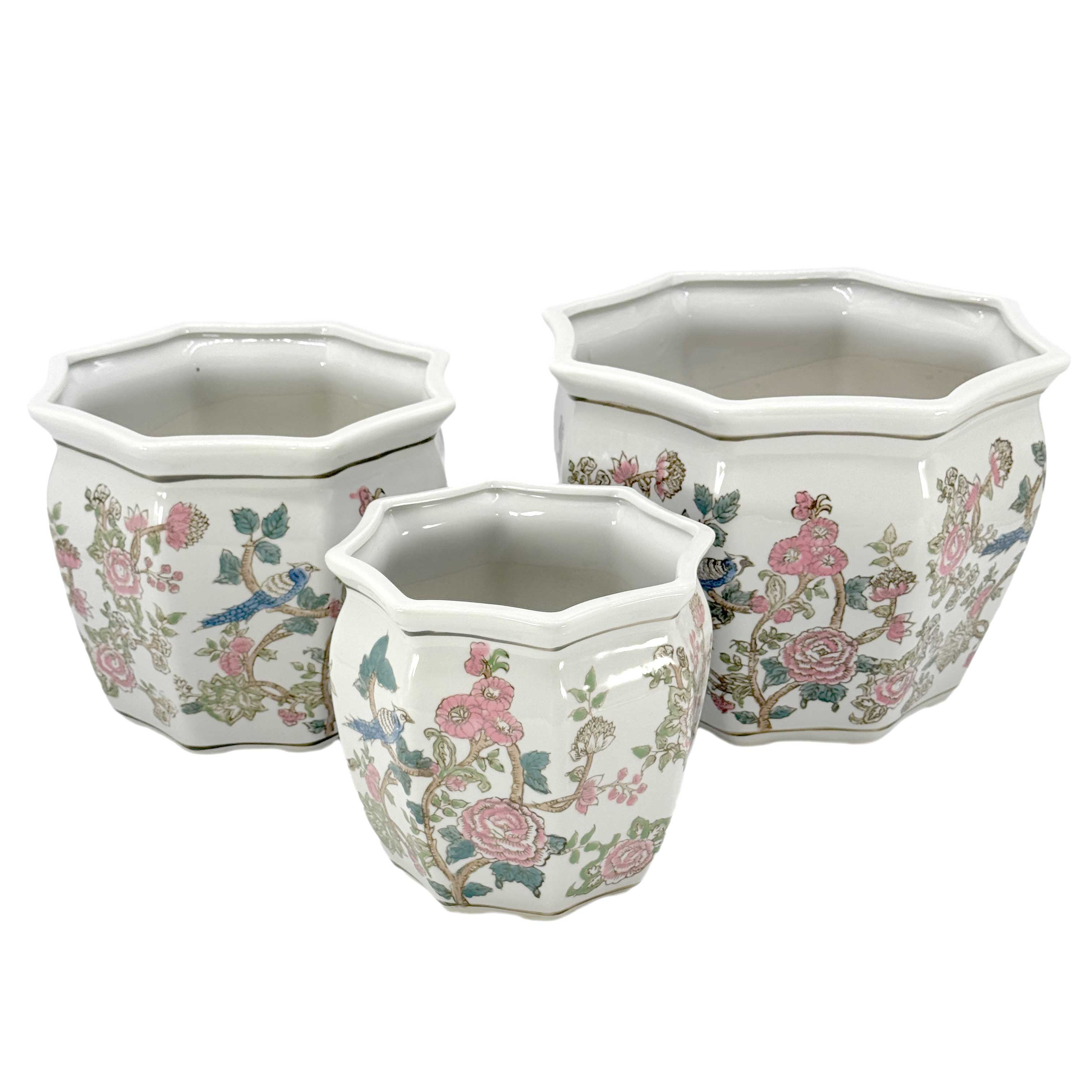 Galt International Company - Wholesale Plant Pot - Set of 3 - 7.5"/10"/13" Ceramic Chinoiserie Multi Floral5