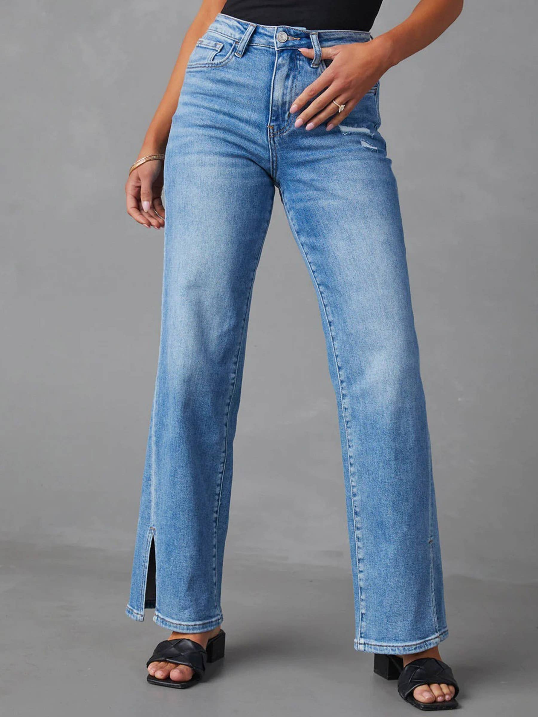 bleu Jean élastique taille haute fendu à jambes droites en vente sur Faire0