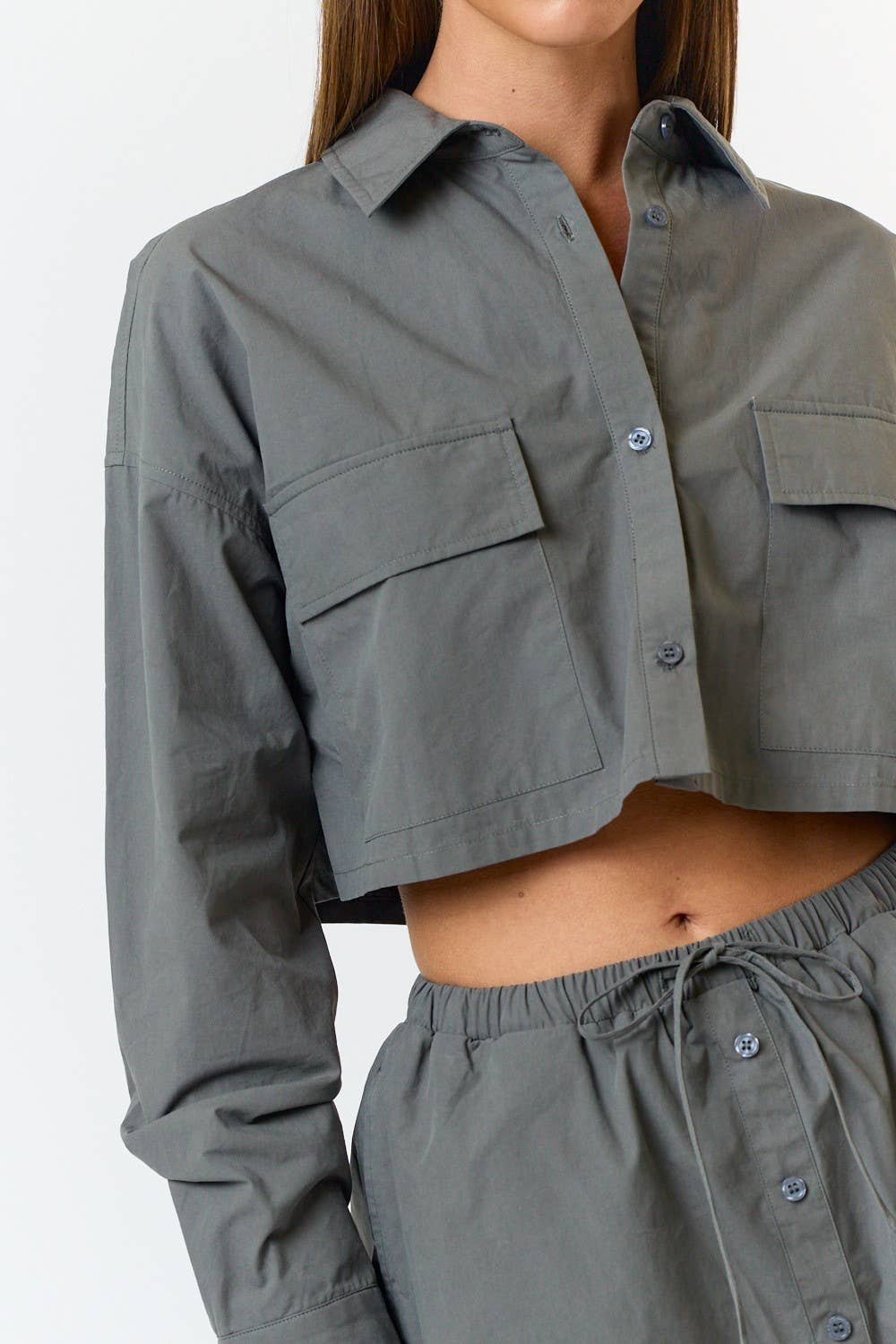 BURGUNDY Poplin Button Down Crop Shirt Jacket for wholesale on Faire7