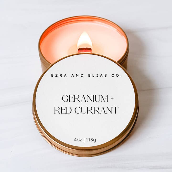 Geranium + Red Currant 4oz Travel Candle Tin for wholesale by Ezra and Elias Co.