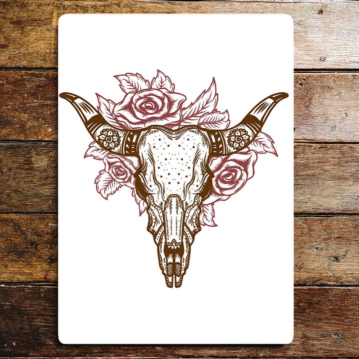 Skull Bull Horns Roses Wandschild aus Metall für den Großhandel von The British Metal Signs Company