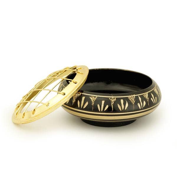 Prabhuji's Gifts – wholesale Incense holder – Burner - Black Brass Burner, Low Base, Fern Engraving, Net Top 1.25"Hx2.75"D1