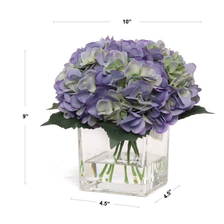 Larksilk – wholesale Artificial flowers – Perry Winkle Hydrangea Flowers In Glass Vase With Water Look1