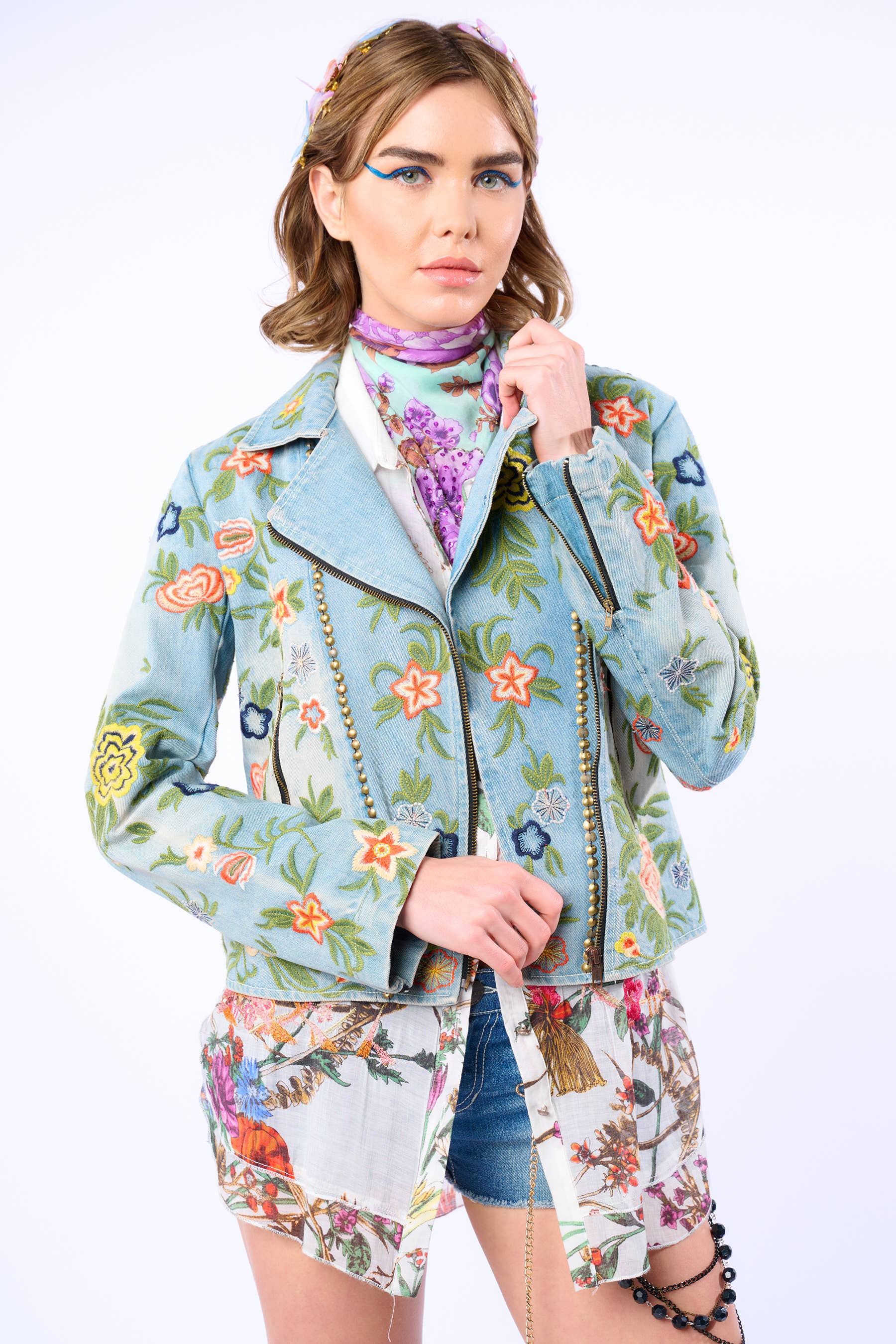 Lucinda Embroidered Denim Motorcycle Jacket for wholesale on Faire13