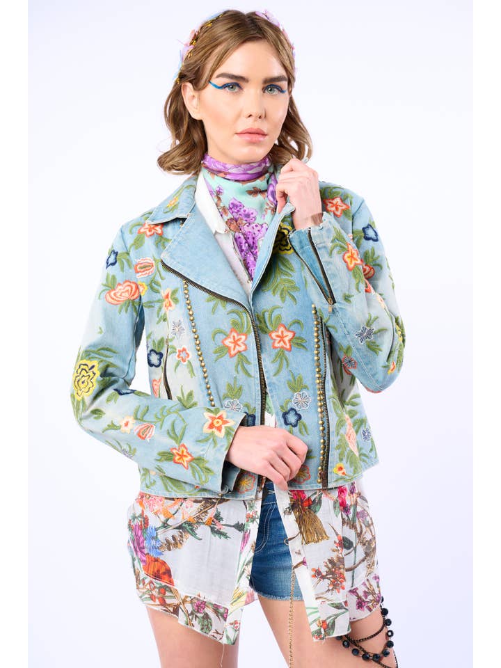 Lucinda Embroidered Denim Motorcycle Jacket for wholesale on Faire13