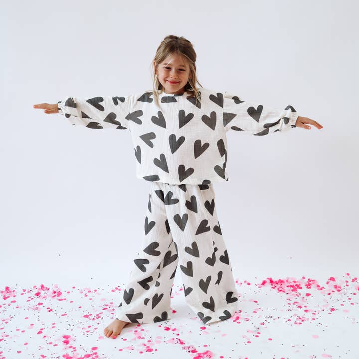 MAYA SET | 2 PIECE OUTFIT | BLACK HEARTS ALL OVER | GIRLS for wholesale by Minimalist Folk Co.