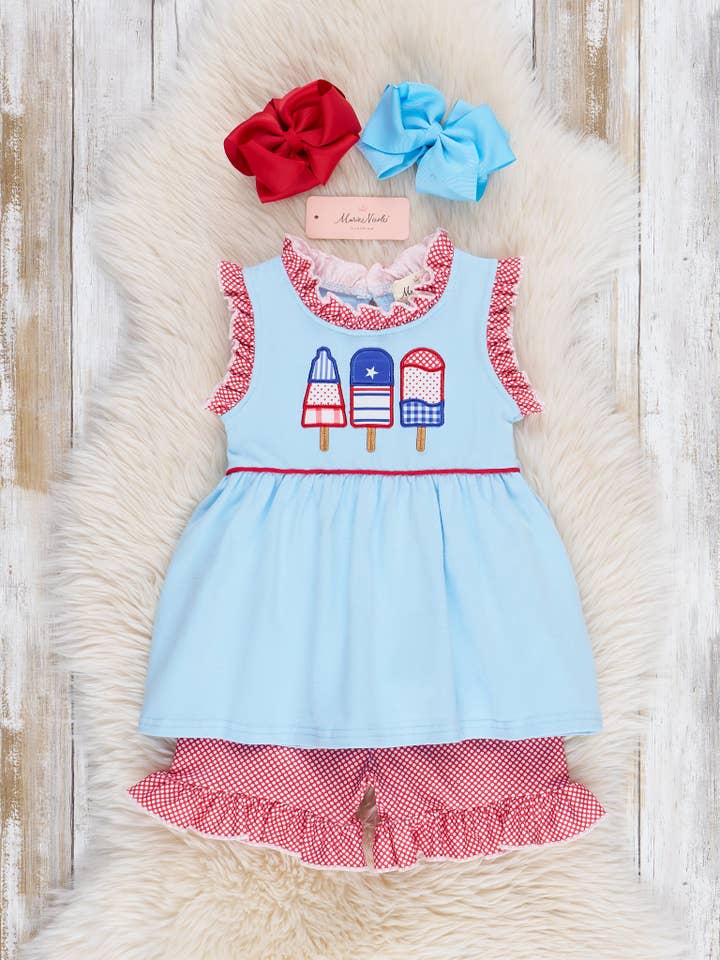 Marie Nicole Clothing - Wholesale Top & Short Set - Kids - Red, White, & Blue Ruffle Popsicle Outfit