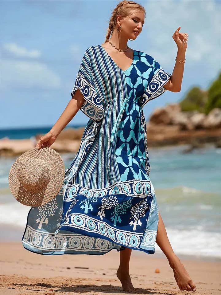 Kaftan Summer Dresses, Tassel Strings waist Blue, S-3XL for wholesale by Miss Lavish London