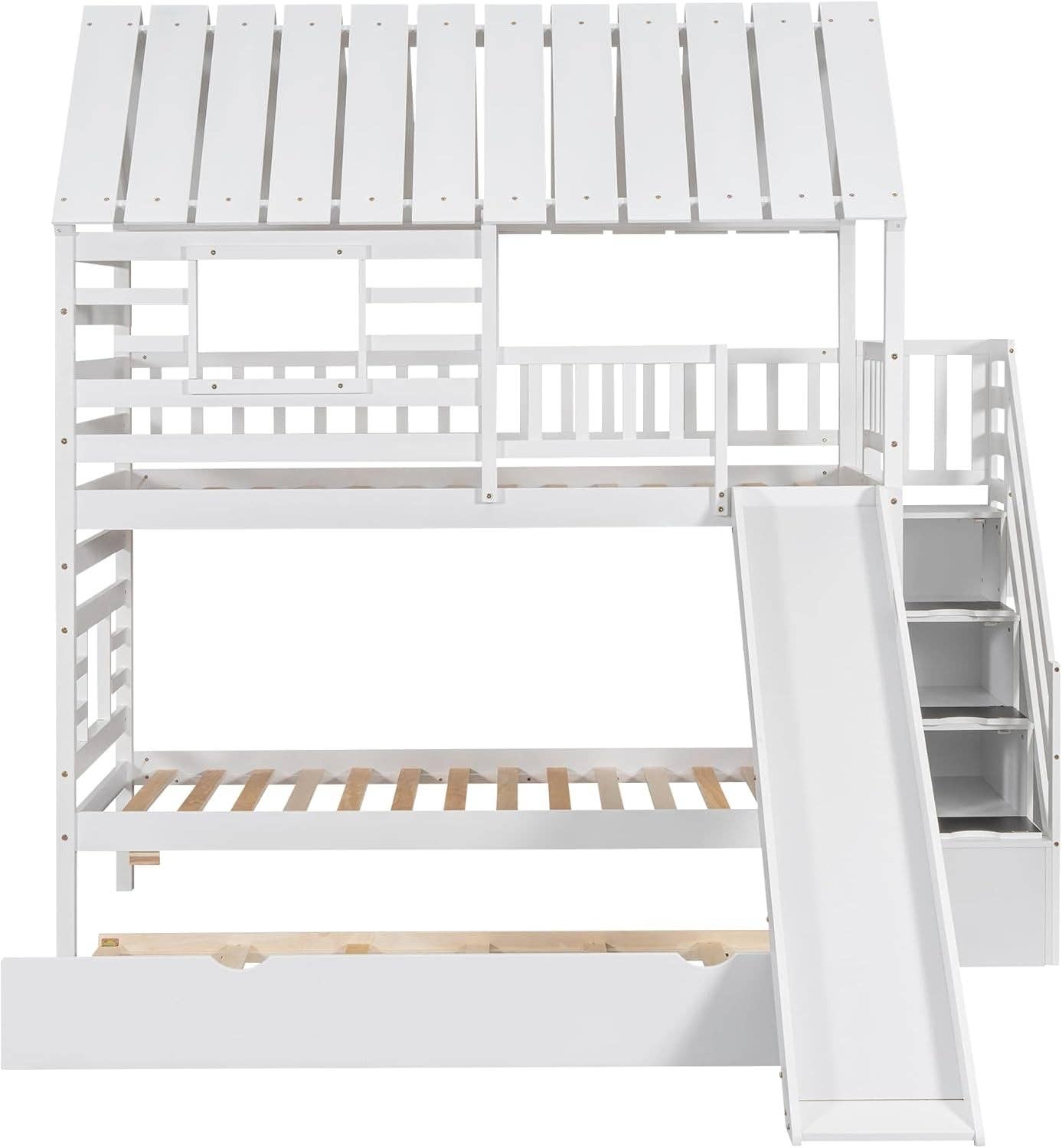 Kids Twin Over Twin Bunk Bed With Slide And Trundle White for wholesale on Faire7
