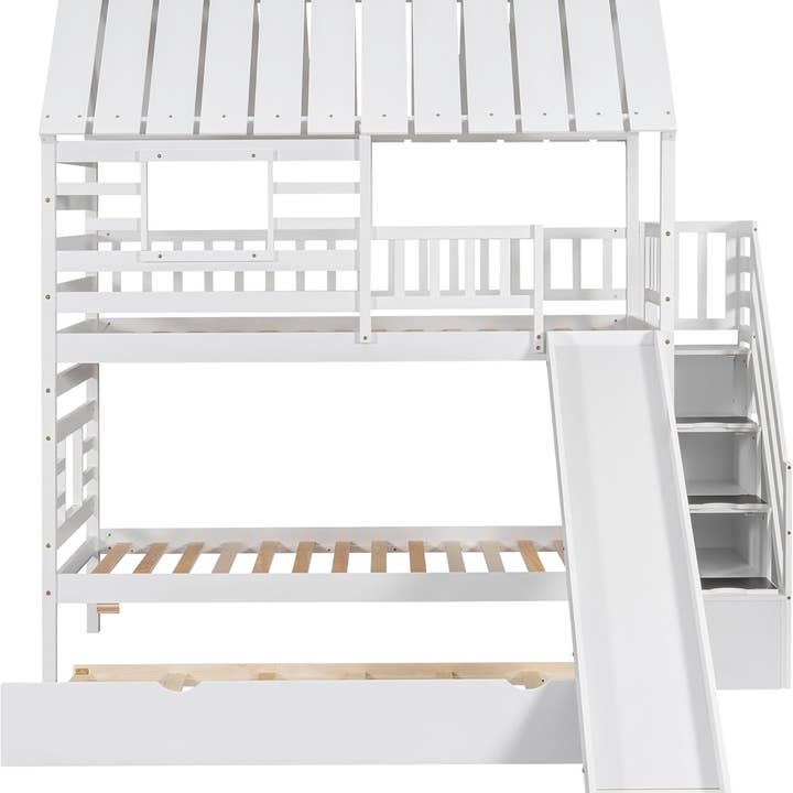 Kids Twin Over Twin Bunk Bed With Slide And Trundle White for wholesale on Faire7