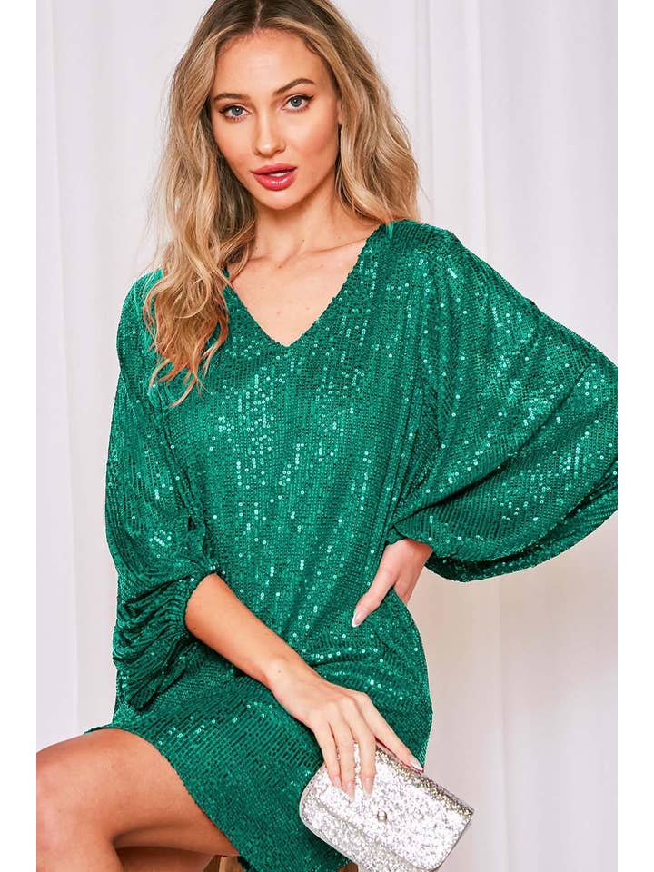 Vine & Love - Wholesale Dress - Women's - V-Neck Balloon Sleeves Sequin Detail Mini Dress VD31721