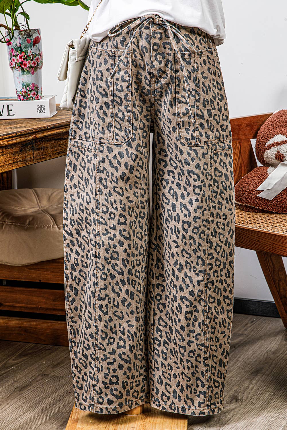 As shown Fashion-W Leopard Drawstring Waist Pocketed Wide Leg Jeans for wholesale on Faire2