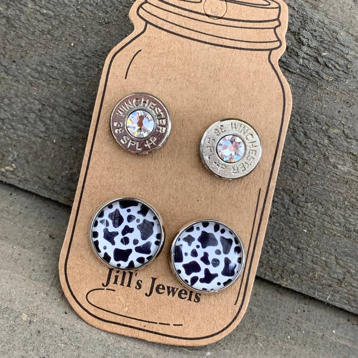 Zwart-witte koeienprint 38 Caliber Bullet oorbellen Set voor wholesale door Jill's Jewels