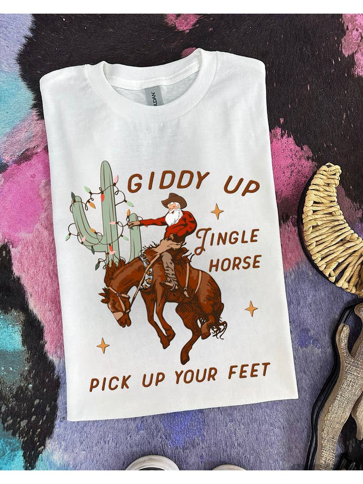 Gunpowder and Glam Boutique - Wholesale Screen printed t-shirt – Women′s - Giddy Up Jingle Horse Tee or Crewneck