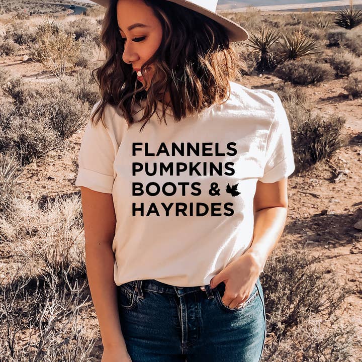 Zoe Creative Co - Vendita all'ingrosso Maglietta serigrafata - Donna - Flannels Pumpkins Boots Hayrides T-Shirt Autunno Camicia Ottobre1