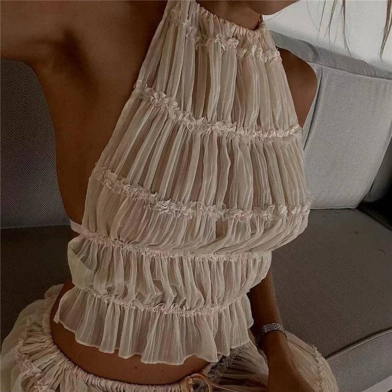FurDecoration – wholesale Top & skirt set – Women's – Solid Color Backless Hanging Neck Halter Dress Set5