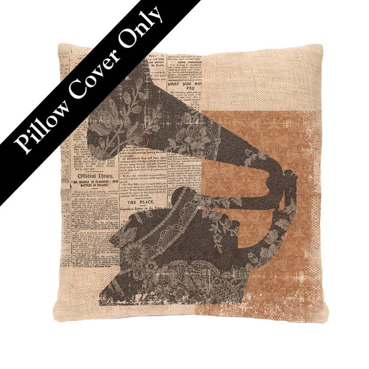 Heritage Lace - Wholesale Throw Pillow Cover - Silhouettes Gramophone 18x18 Polyester Pillow Cover Natural