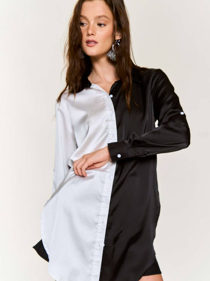 SATIN CONTRAST COLOR BLOCK BUTTON DOWN SHIRT for wholesale by Hers & Mine