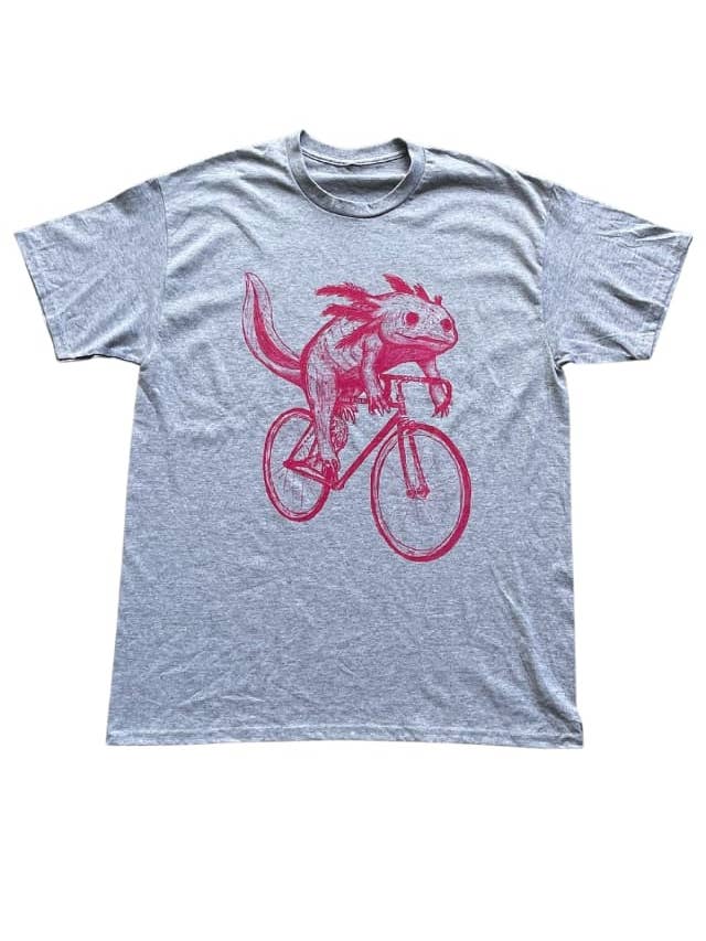 Dark Cycle Clothing - Wholesale Screen Printed T-Shirt - Unisex - Axolotl on A Bicycle Men's/Unisex Shirt