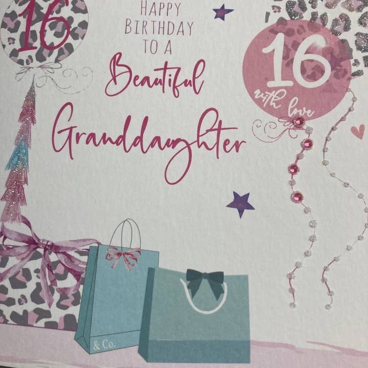 White Cotton Cards - Wholesale Birthday Card - Granddaughter 16th Birthday Leopard Print & Balloons Card1