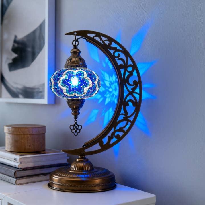 Turkish Mosaic Crescent Table Lamp (Blue) for wholesale by Mozaist LLC