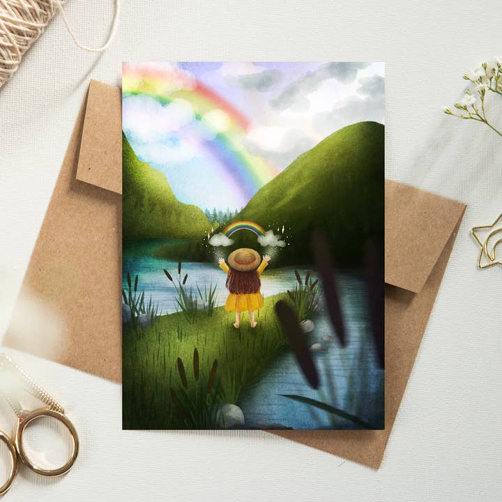 Rainbow 'Little Adventures' postcard for wholesale by MOMOKOSTUDIO