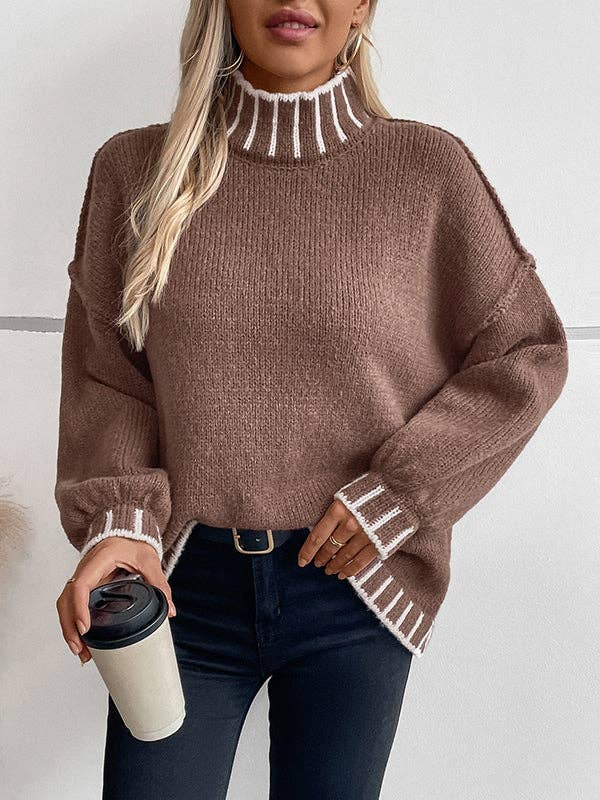 Sheer Trend – Engroshandel Pullover - Dame – Lange ærmer Løs kontrastfarve Split-joint Pullovere med høj hals Sweatertoppe6