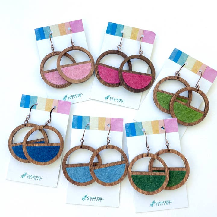 Circle Wood and Wool Earrings - Naturally Dyed for wholesale by Cedar Dell Designs