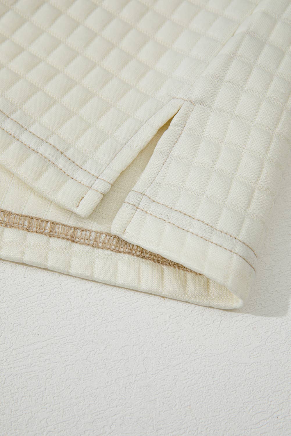 Beige Colorblock Patchwork Textured Long Sleeve Top 2pcs Short Set for wholesale on Faire5