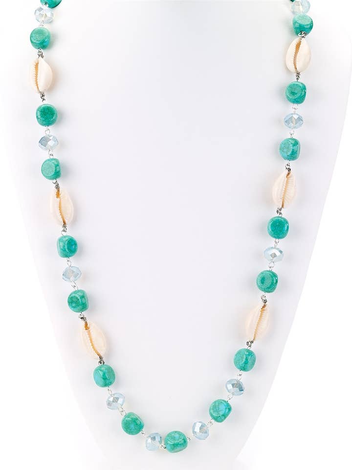 Long Turquoise and Shell Beach Necklace for wholesale by Crossroads Accessories Inc