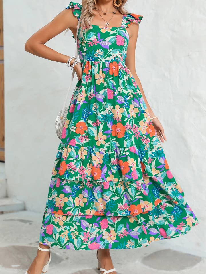Green Floral Ruffle Tiered Maxi Dress for wholesale on Faire