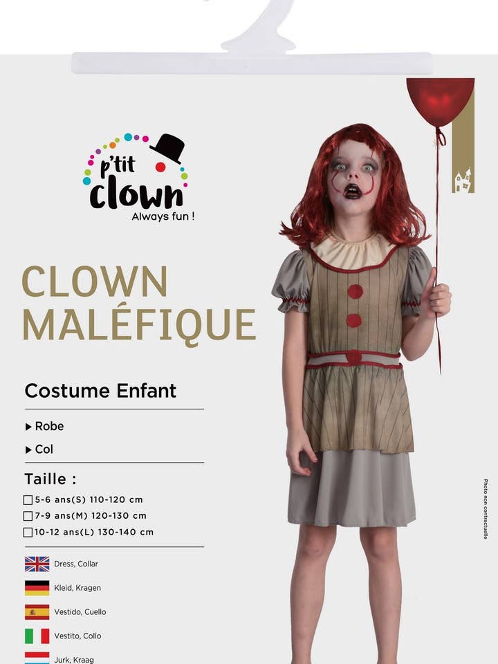 Costume Clown Malefico - Bambina - 5/6 Anni per la vendita all'ingrosso da parte di P'tit Clown
