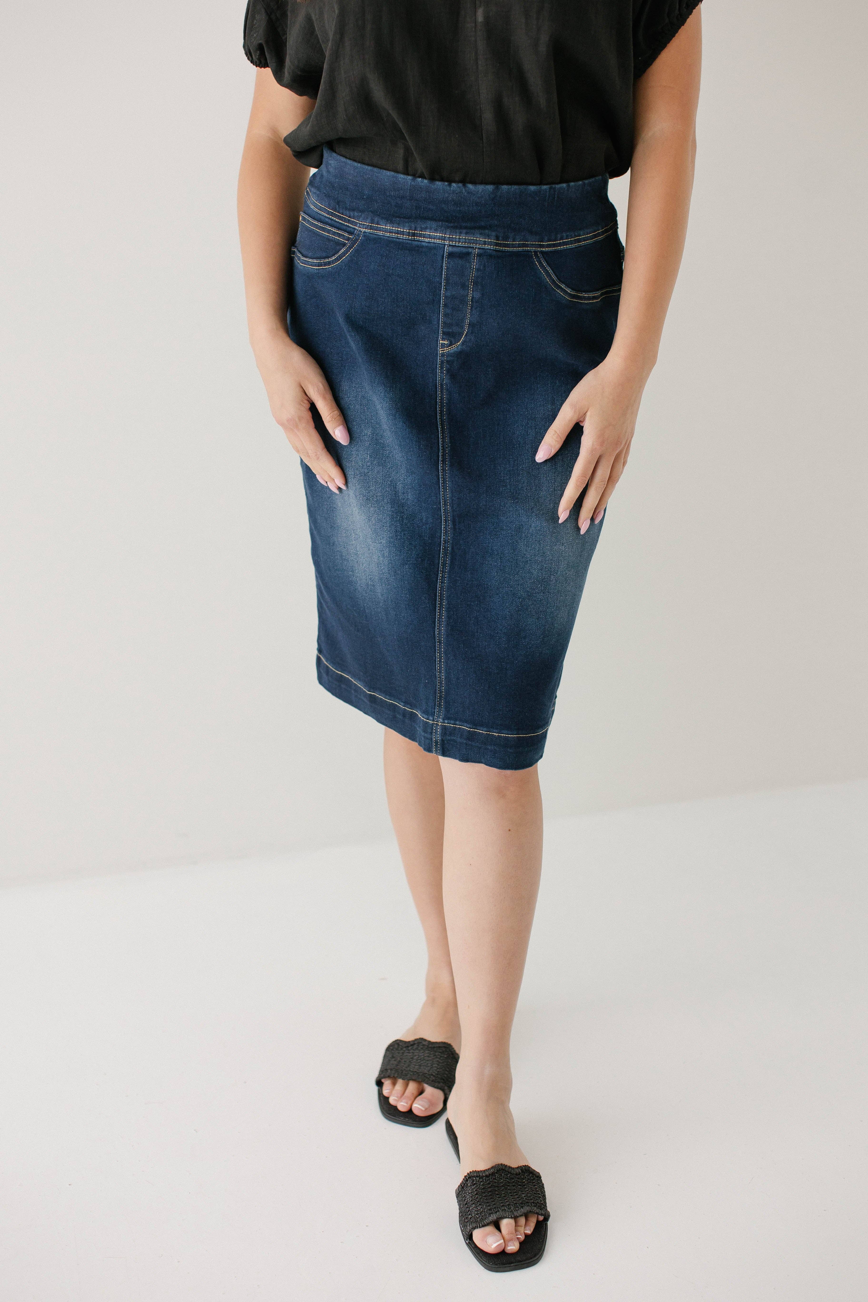 'Sara' Classic Knee Length Dark Denim Skirt for wholesale on Faire0