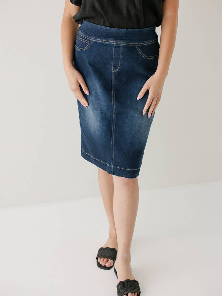 'Sara' Classic Knee Length Dark Denim Skirt for wholesale on Faire